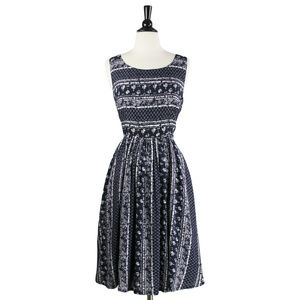 Navy Blue with White Batik Print Sleeveless Fit and Flare Rayon Sundress, Small